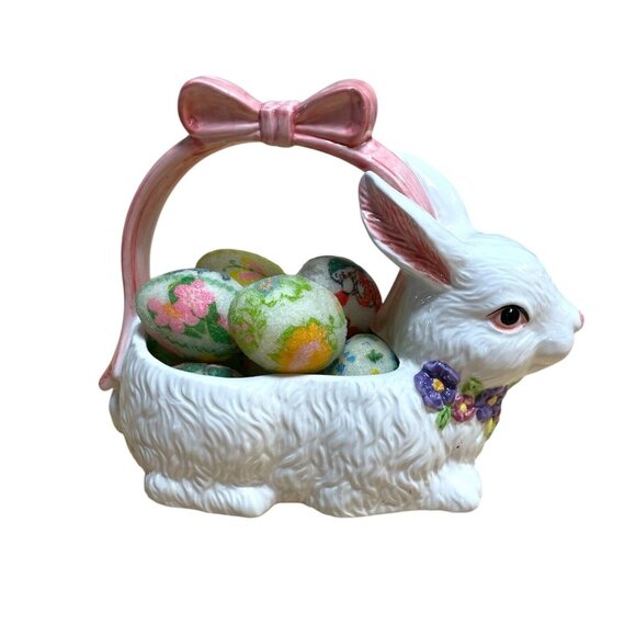 Vintage Ceramic Rabbit Bunny Egg Basket with Sugared Eggs - Picture 2 of 3